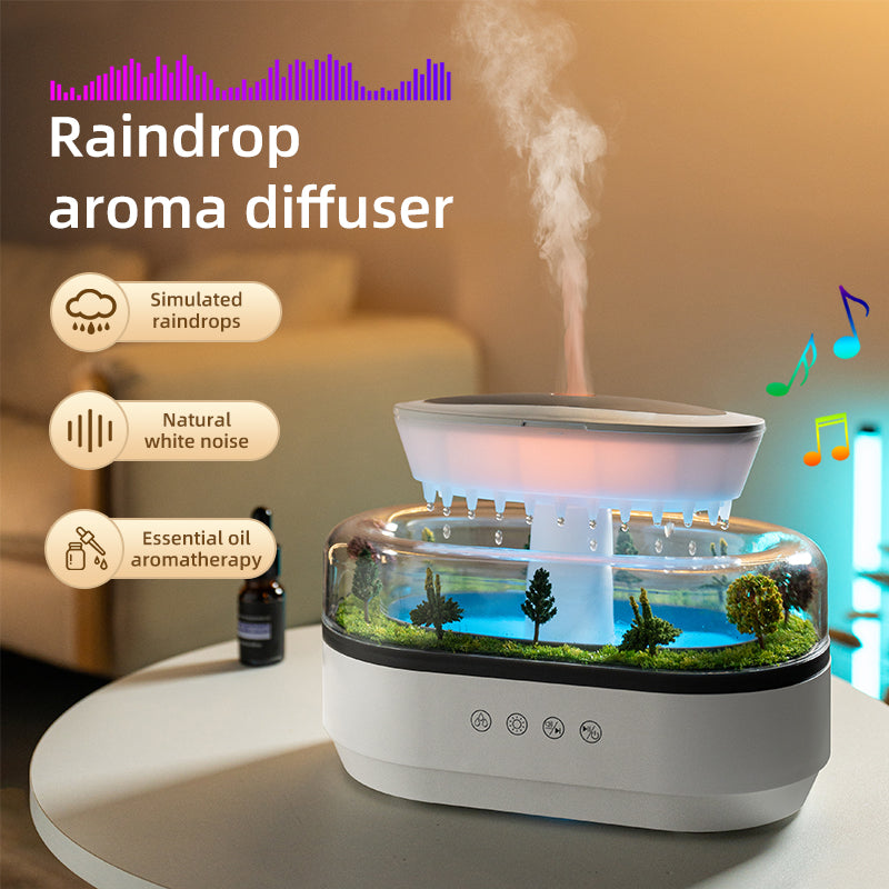 Humidificador Inteligente de Niebla Fría con Forma de Gota de Lluvia – Difusor de Aromas, Luz Blanca Relajante y Purificador Portátil para Hogar y Jardín