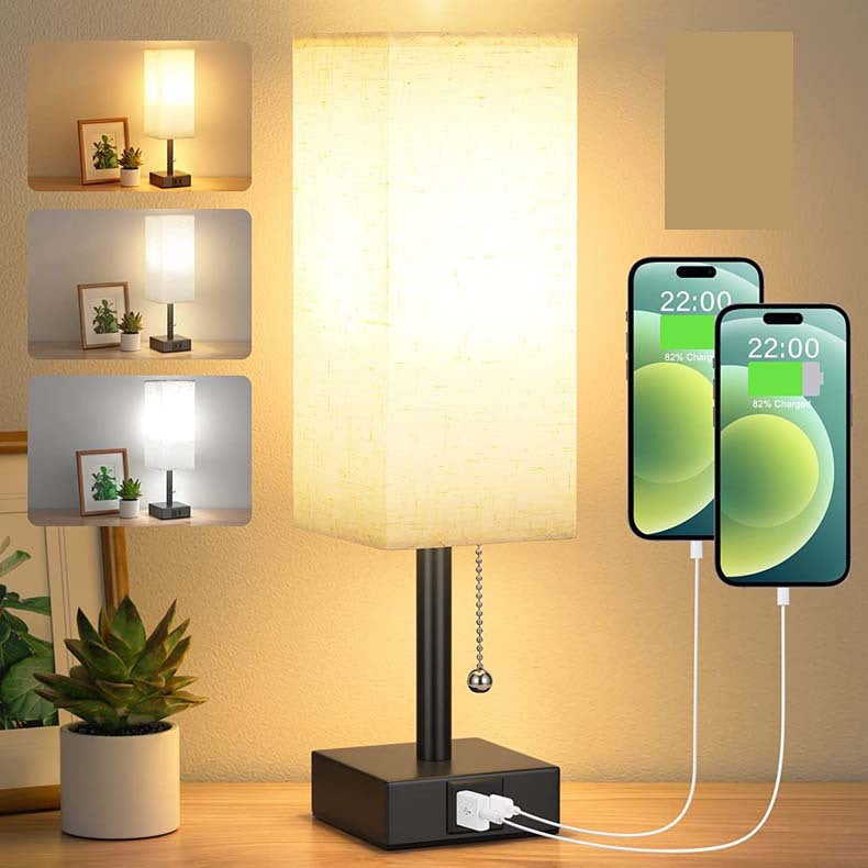 Lámpara de Escritorio de Lino 90° con Interruptor de Cremallera, 3 Temperaturas de Luz Ajustables, Carga USB A+C