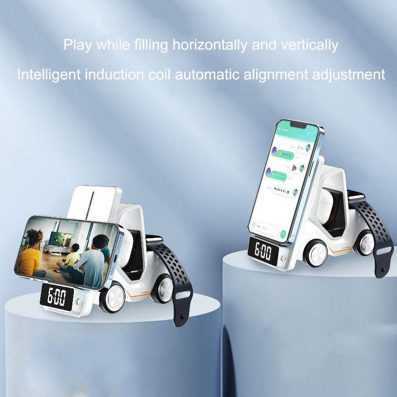 Estación de Carga Inalámbrica 5 en 1 con Reloj Despertador – Base Multifuncional para iPhone, iWatch y AirPods