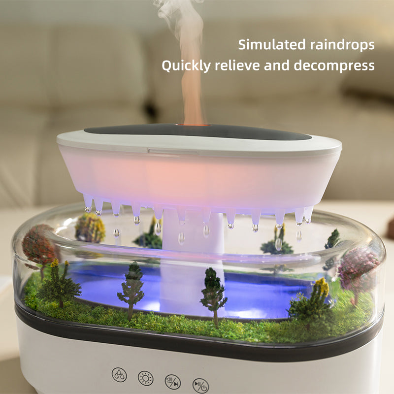 Humidificador Inteligente de Niebla Fría con Forma de Gota de Lluvia – Difusor de Aromas, Luz Blanca Relajante y Purificador Portátil para Hogar y Jardín