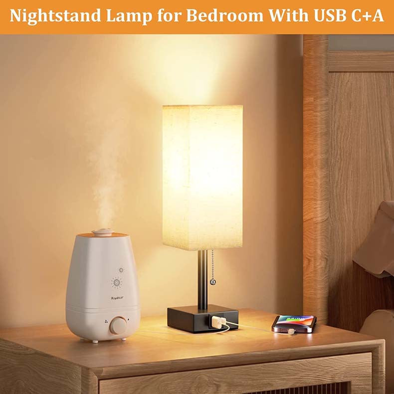 Lámpara de Escritorio de Lino 90° con Interruptor de Cremallera, 3 Temperaturas de Luz Ajustables, Carga USB A+C